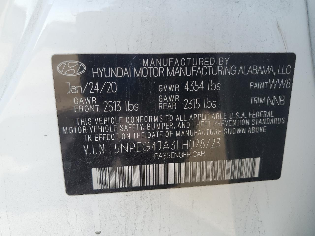 2020 Hyundai Sonata Se VIN: 5NPEG4JA3LH028723 Lot: 65379525