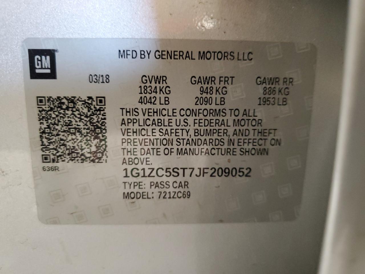 2018 Chevrolet Malibu Ls VIN: 1G1ZC5ST7JF209052 Lot: 69718795