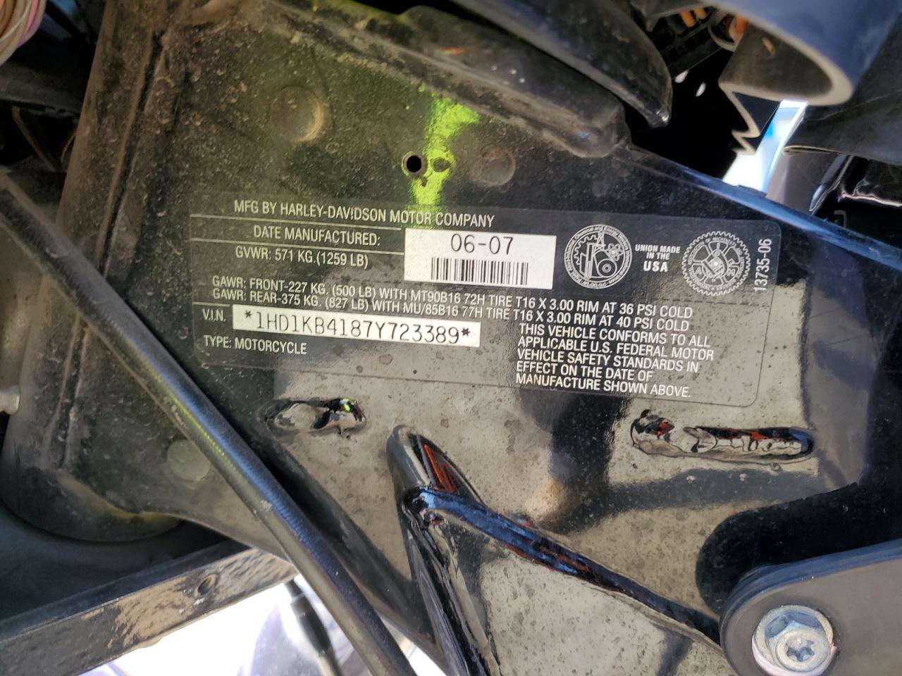 2007 Harley-Davidson Flhx VIN: 1HD1KB4187Y723389 Lot: 70328215