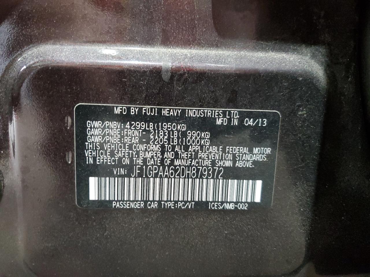 2013 Subaru Impreza VIN: JF1GPAA62DH879372 Lot: 70150795