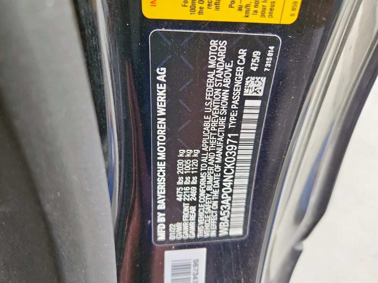 2022 BMW 430I VIN: WBA53AP04NCK03971 Lot: 68482595