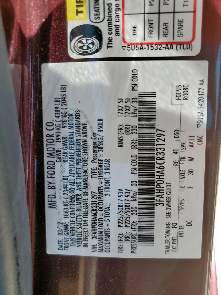 2012 Ford Fusion Se VIN: 3FAHP0HA6CR331297 Lot: 69298495