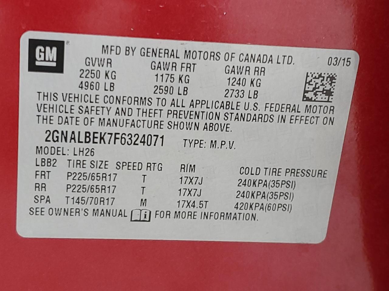 2015 Chevrolet Equinox Lt VIN: 2GNALBEK7F6324071 Lot: 69652595