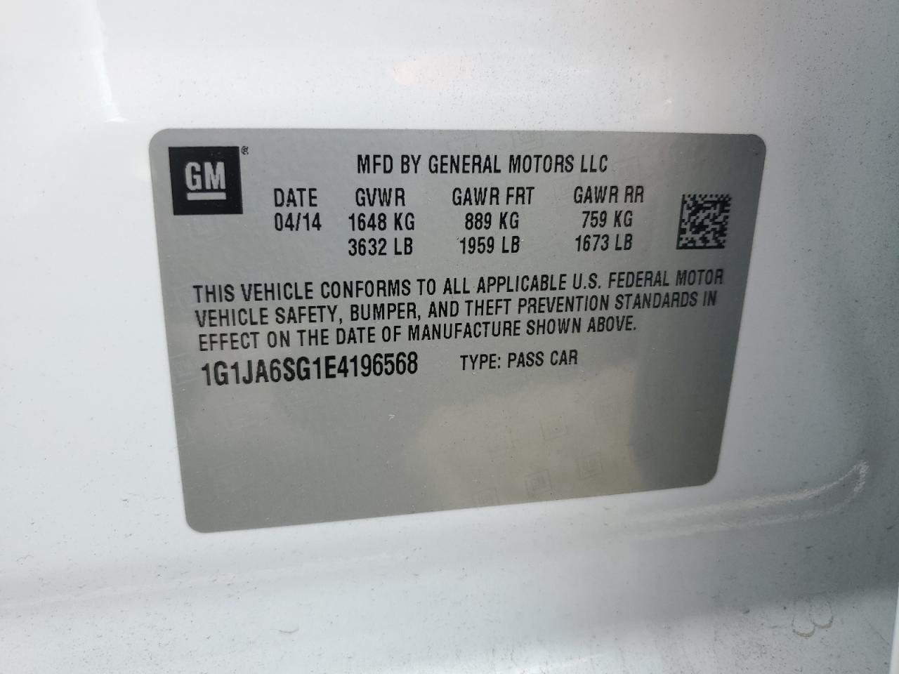 2014 Chevrolet Sonic Ls VIN: 1G1JA6SG1E4196568 Lot: 70040385