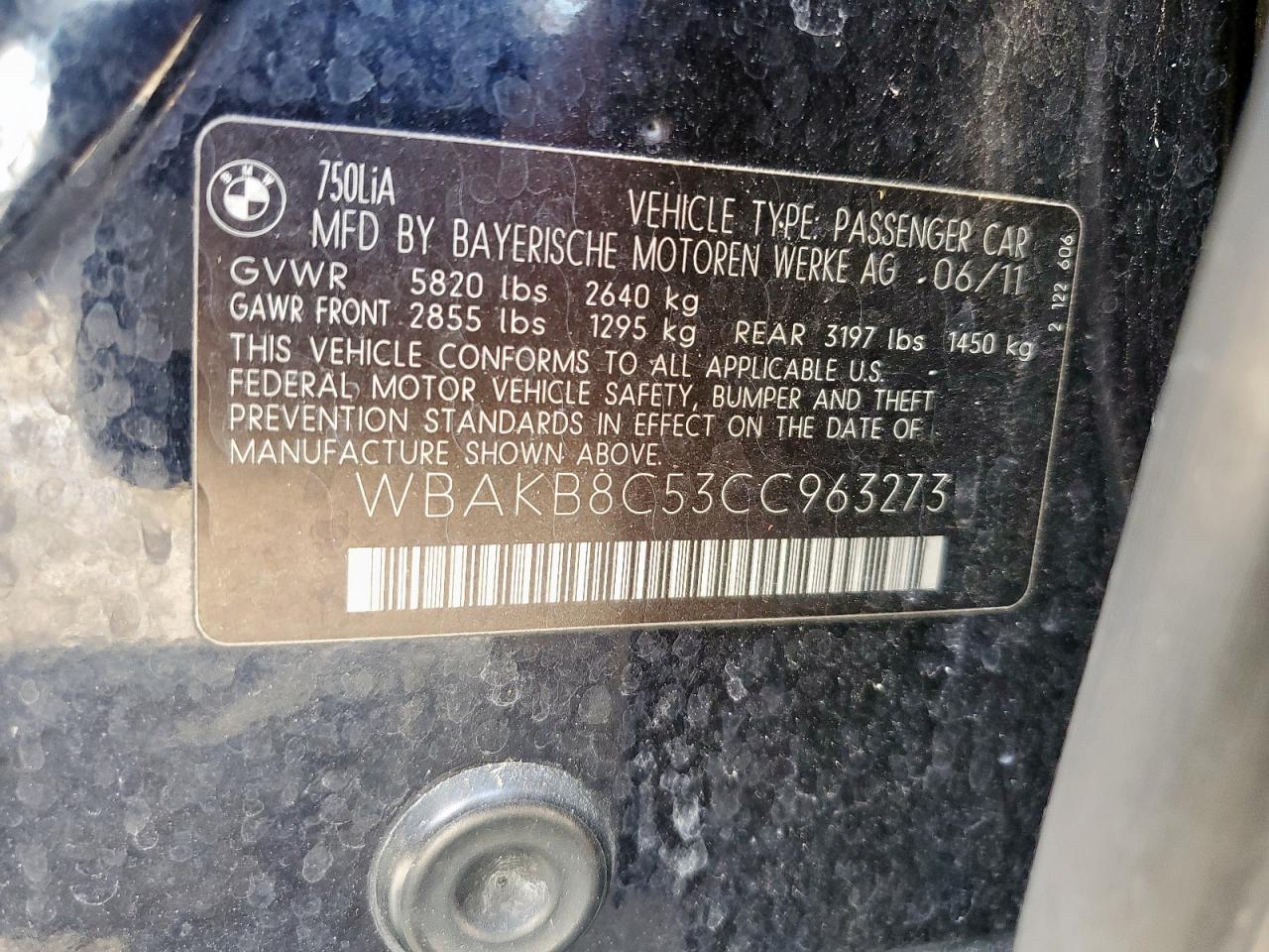 2012 BMW 750 Li VIN: WBAKB8C53CC963273 Lot: 70923445