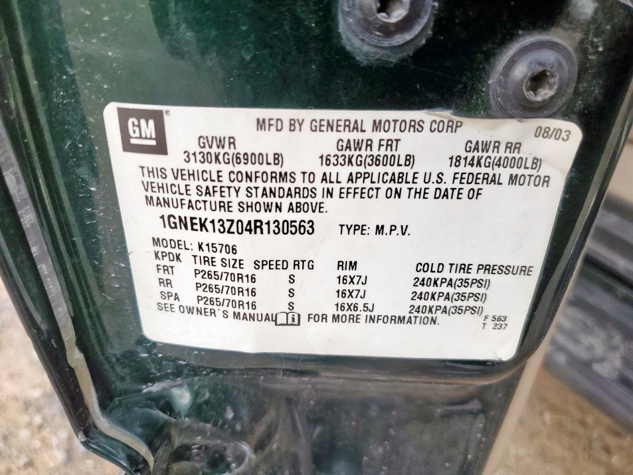 2004 Chevrolet Tahoe K1500 VIN: 1GNEK13Z04R130563 Lot: 69115195