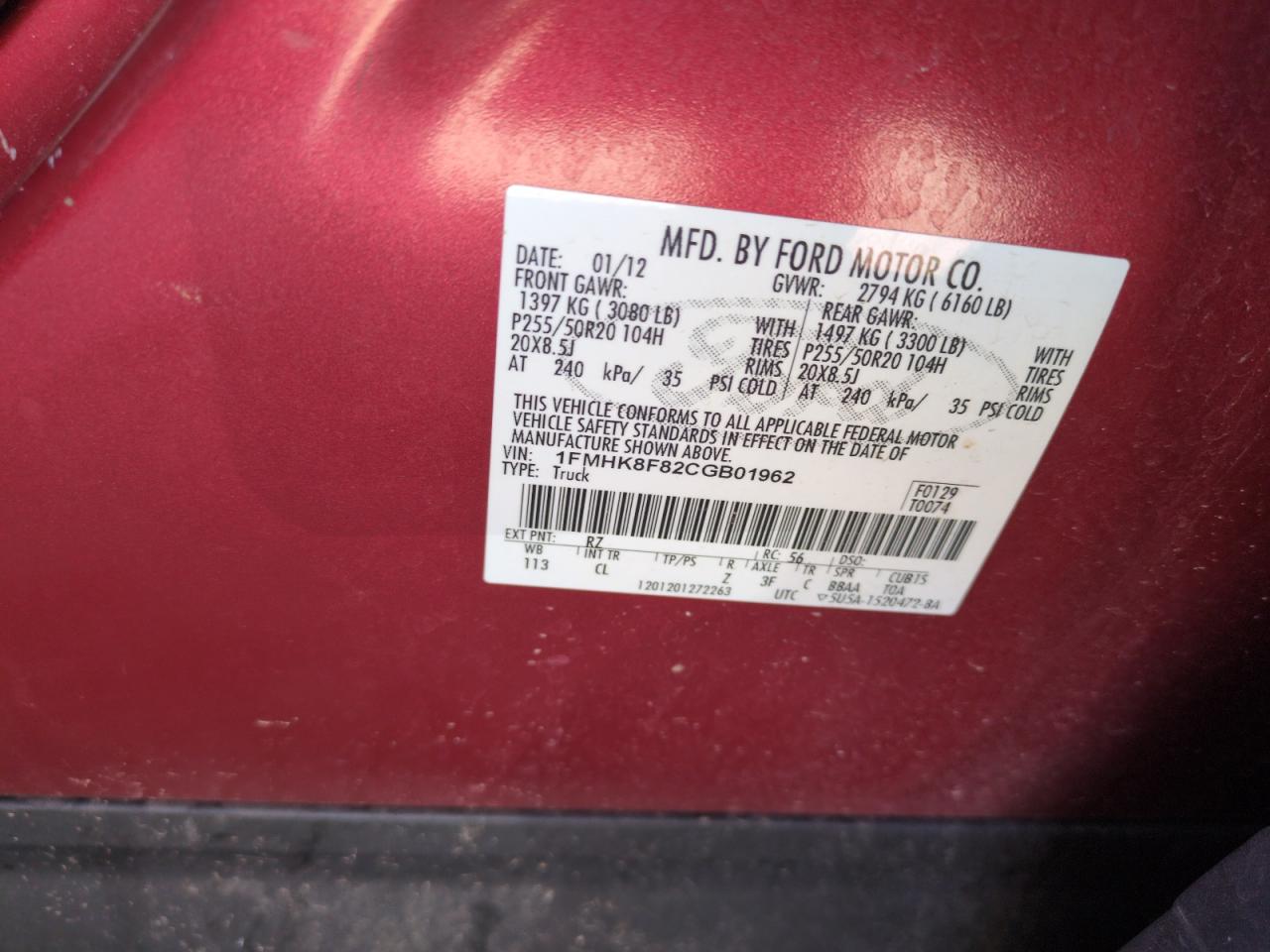 2012 Ford Explorer Limited VIN: 1FMHK8F82CGB01962 Lot: 67417175