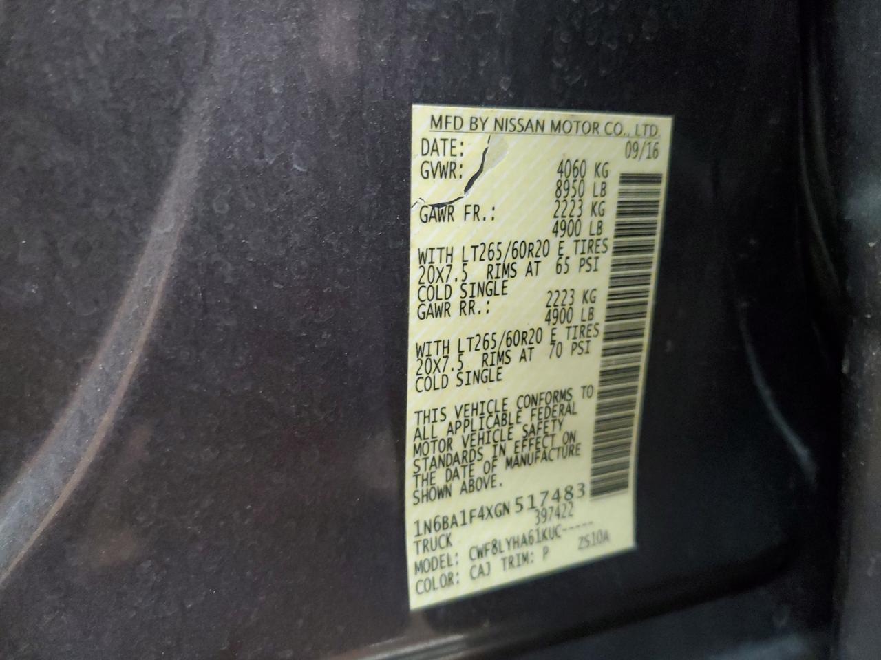 2016 Nissan Titan Xd Sl VIN: 1N6BA1F4XGN517483 Lot: 69545215