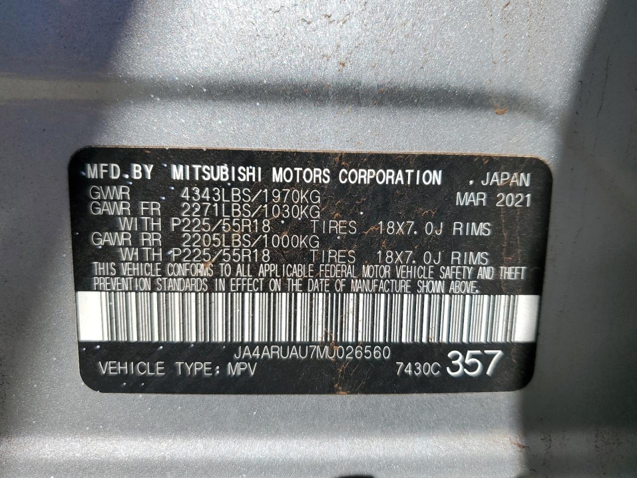 2021 Mitsubishi Outlander Sport Es VIN: JA4ARUAU7MU026560 Lot: 70293105