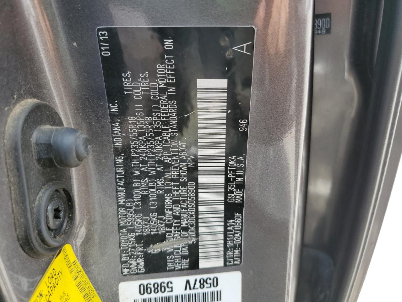 2013 Toyota Sienna Xle VIN: 5TDDK3DCXDS058900 Lot: 67325025