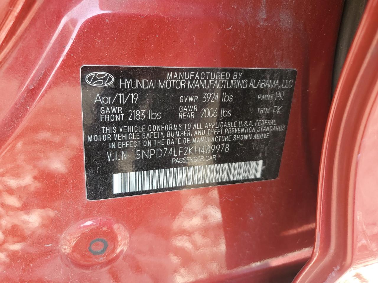 2019 Hyundai Elantra Se VIN: 5NPD74LF2KH489978 Lot: 68828815