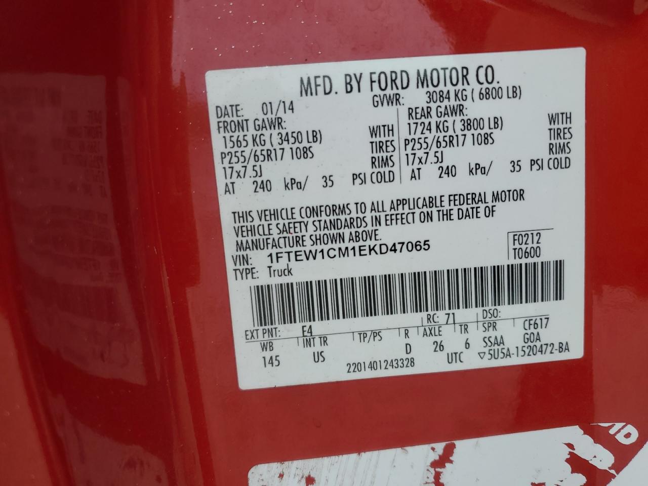 2014 Ford F150 Supercrew VIN: 1FTEW1CM1EKD47065 Lot: 67397915