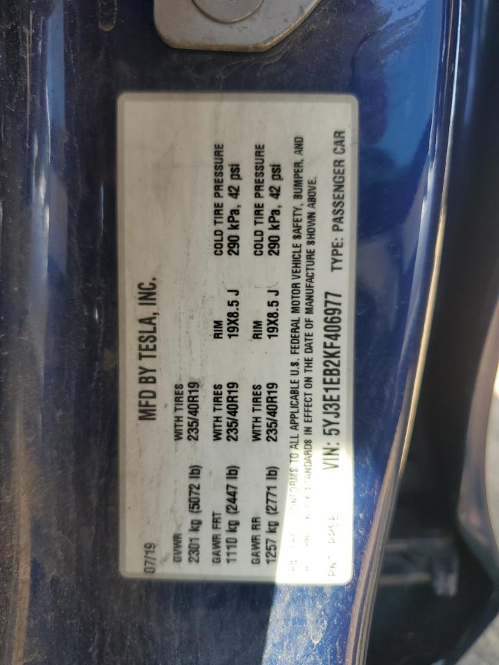 2019 Tesla Model 3 VIN: 5YJ3E1EB2KF406977 Lot: 70172295