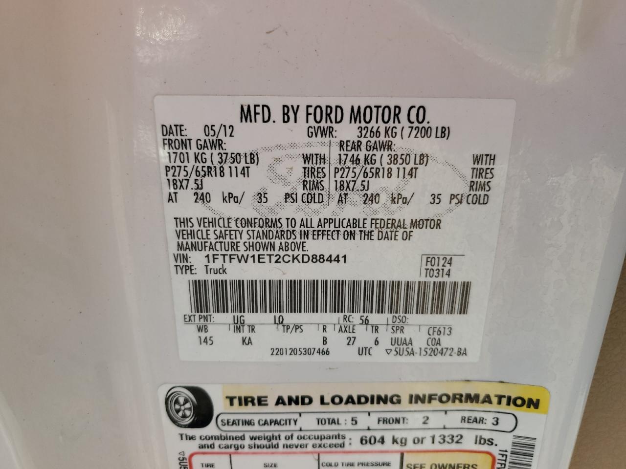 2012 Ford F150 Supercrew VIN: 1FTFW1ET2CKD88441 Lot: 69252895