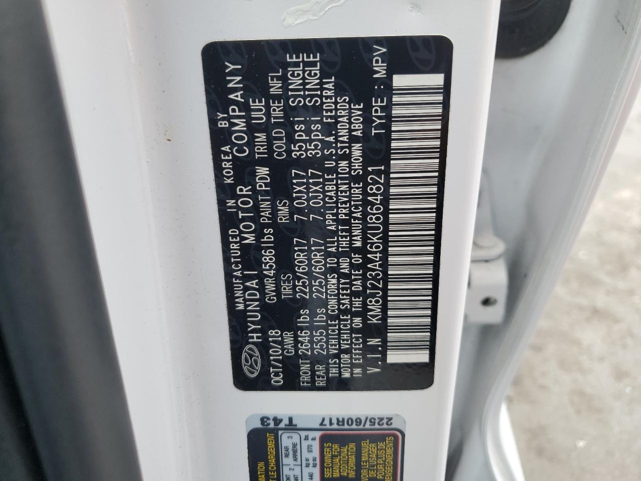 2019 Hyundai Tucson Se VIN: KM8J23A46KU864821 Lot: 70029555