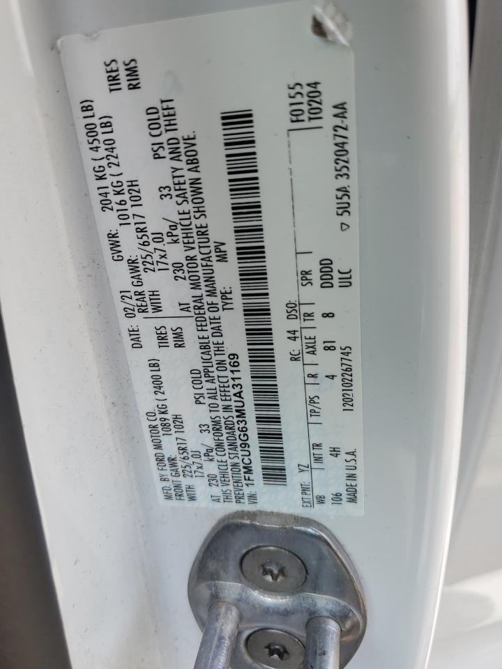 2021 Ford Escape Se VIN: 1FMCU9G63MUA31169 Lot: 67445075