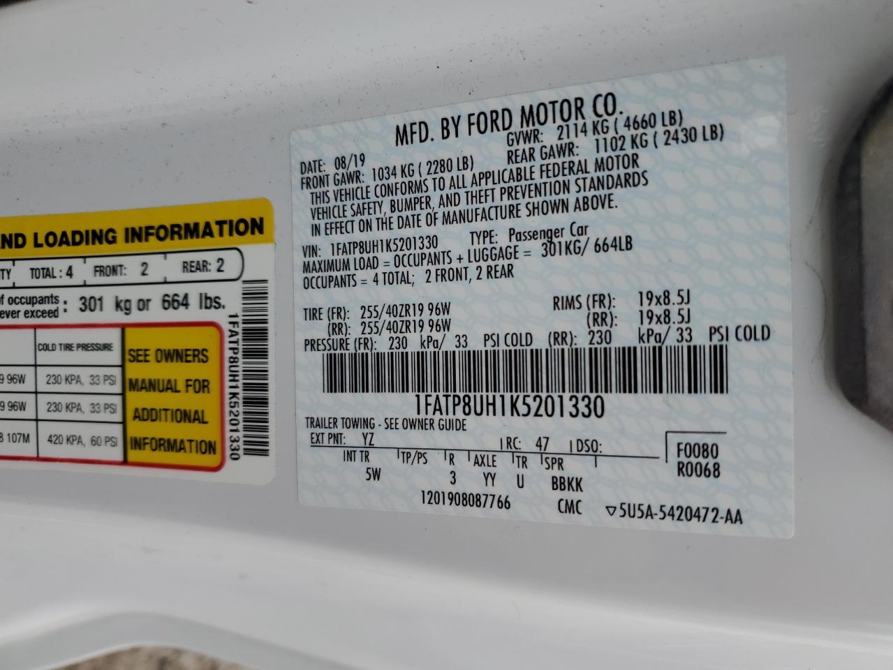 2019 Ford Mustang VIN: 1FATP8UH1K5201330 Lot: 69406455