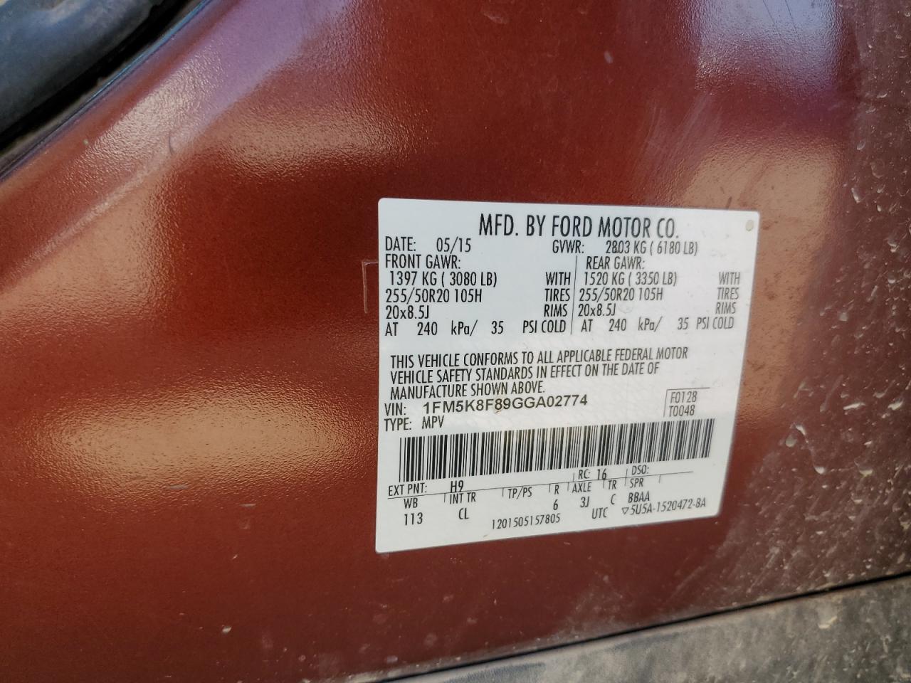 2016 Ford Explorer Limited VIN: 1FM5K8F89GGA02774 Lot: 67030765