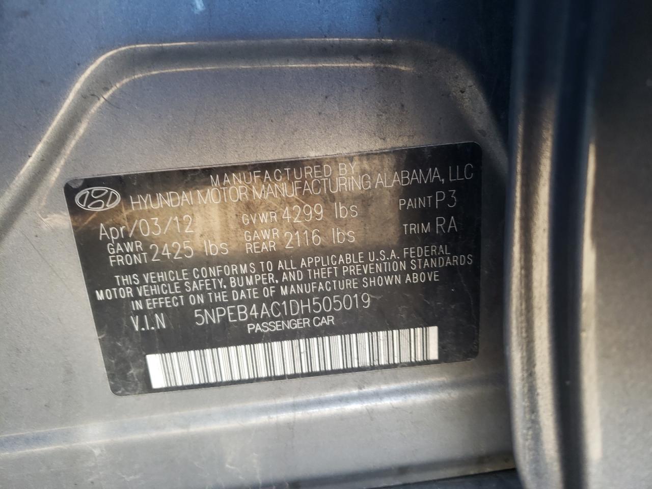 2013 Hyundai Sonata Gls VIN: 5NPEB4AC1DH505019 Lot: 69737845