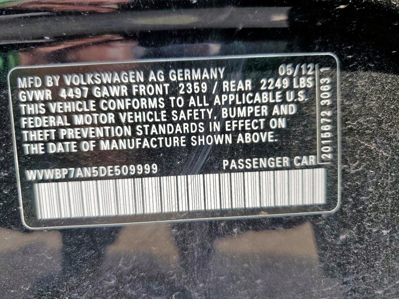 2013 Volkswagen Cc Sport VIN: WVWBP7AN5DE509999 Lot: 69105695