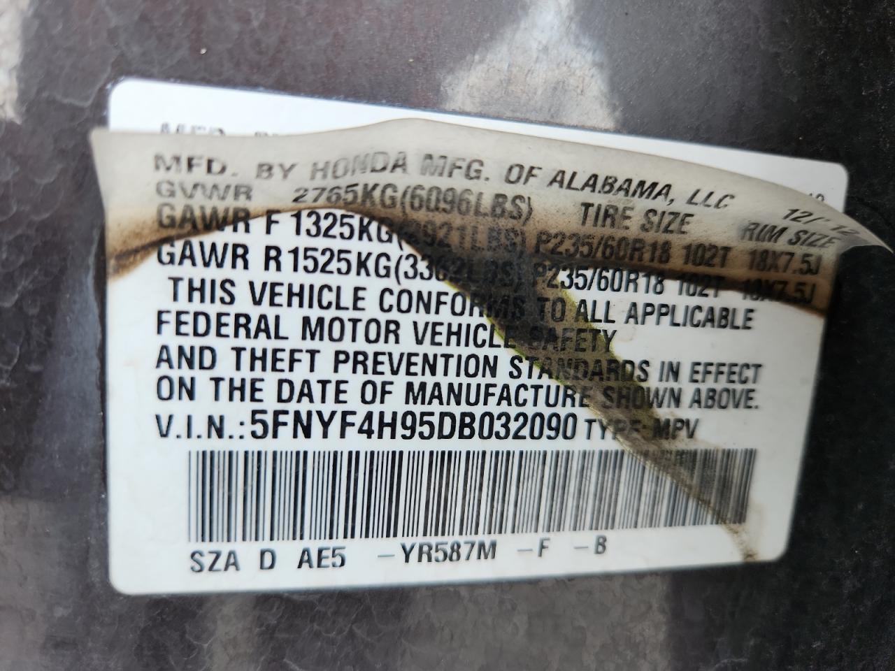 2013 Honda Pilot Touring VIN: 5FNYF4H95DB032090 Lot: 69989595