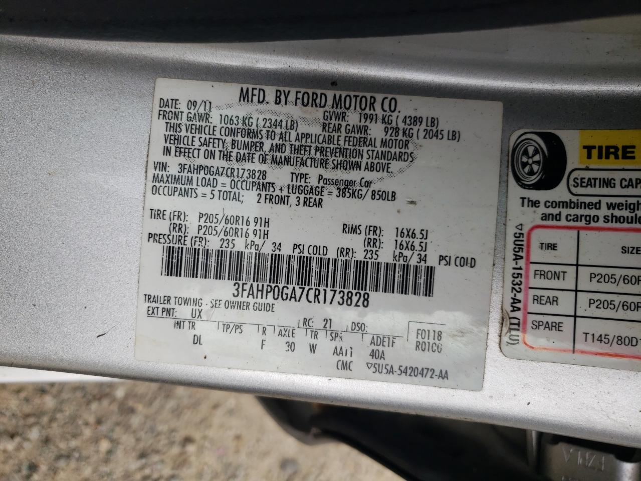 2012 Ford Fusion S VIN: 3FAHP0GA7CR173828 Lot: 67817015