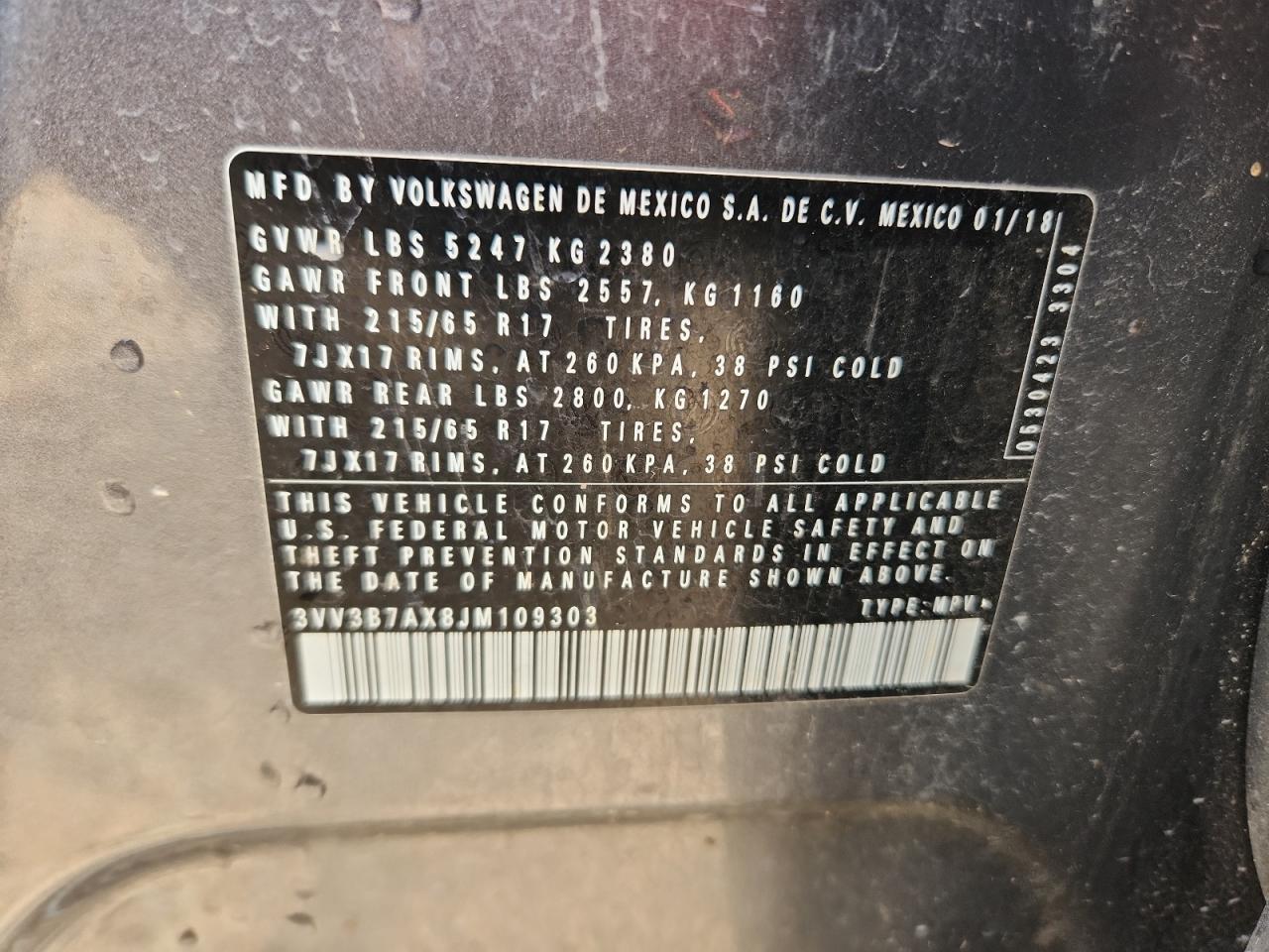 2018 Volkswagen Tiguan Se VIN: 3VV3B7AX8JM109303 Lot: 70678595