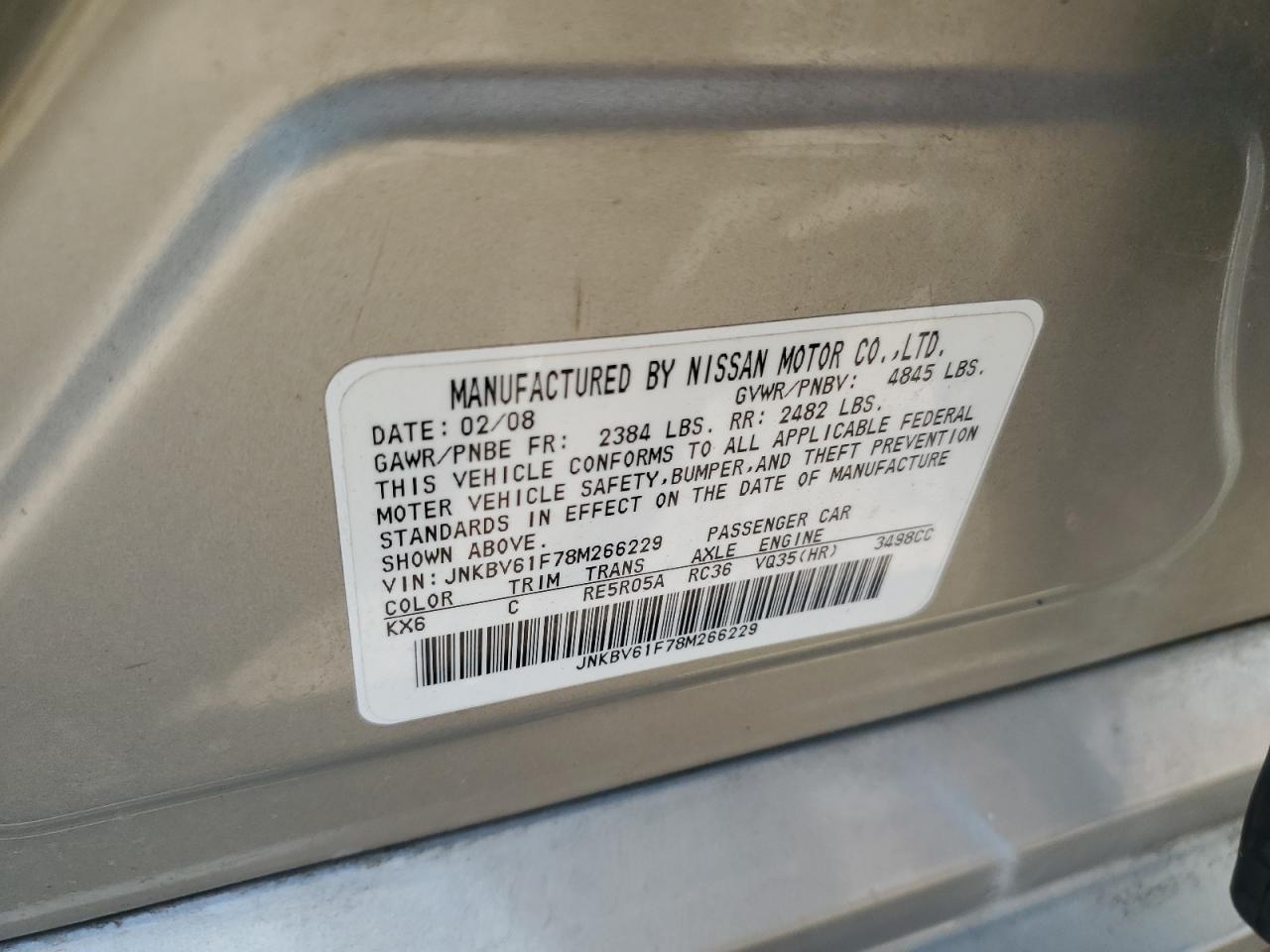 2008 Infiniti G35 VIN: JNKBV61F78M266229 Lot: 69502215