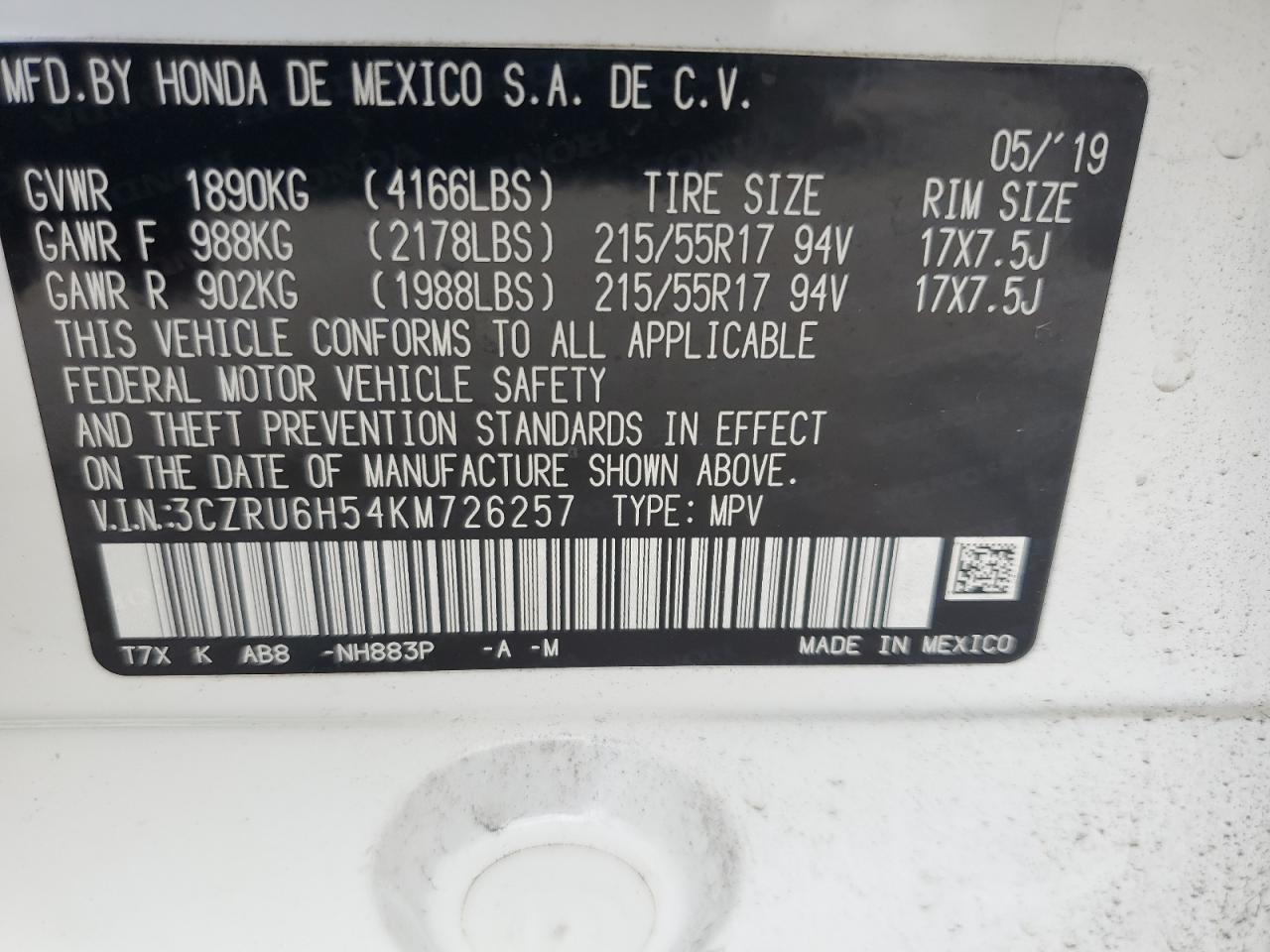 2019 Honda Hr-V Ex VIN: 3CZRU6H54KM726257 Lot: 68046485