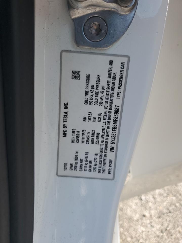 2021 Tesla Model 3 VIN: 5YJ3E1EB5MF859087 Lot: 69094695