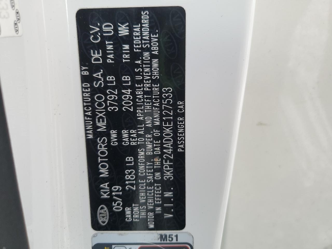 2019 Kia Forte Fe VIN: 3KPF24AD0KE127533 Lot: 68989865