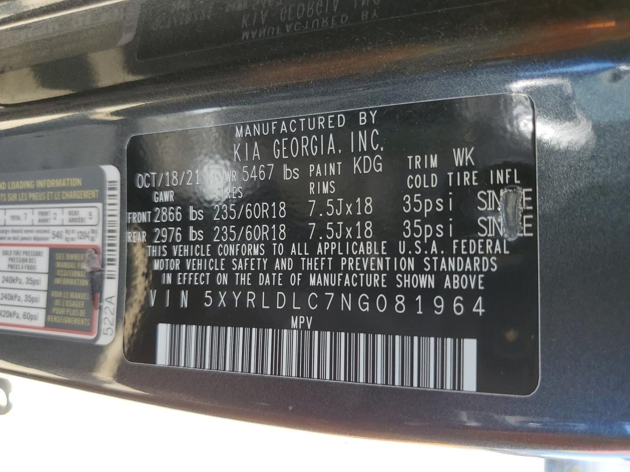 2022 Kia Sorento S VIN: 5XYRLDLC7NG081964 Lot: 69304025