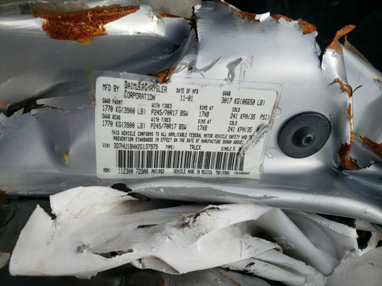 2002 Dodge Ram 1500 VIN: 3D7HU18NX2G137979 Lot: 67372235