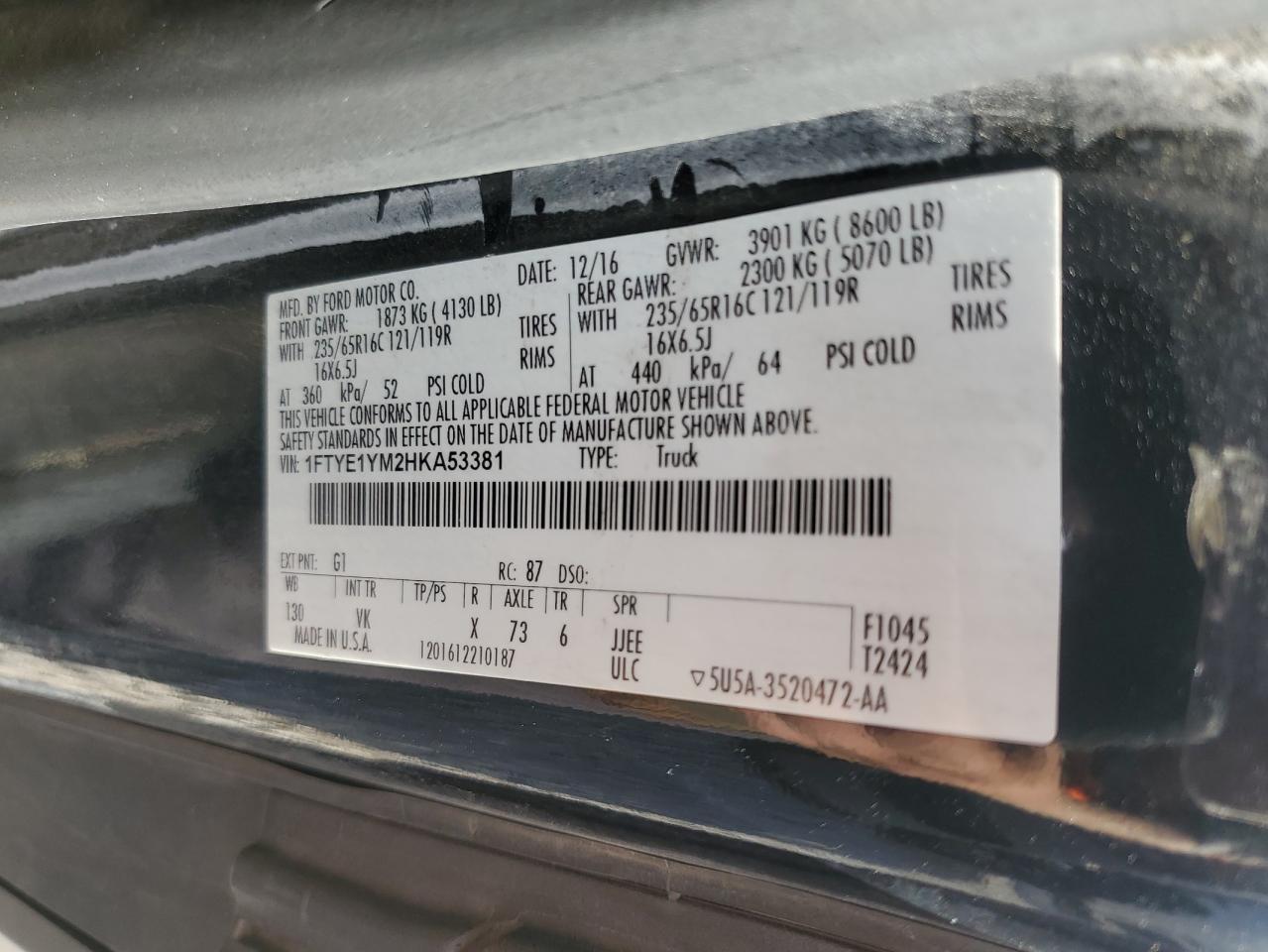 2017 Ford Transit T-150 VIN: 1FTYE1YM2HKA53381 Lot: 70159105