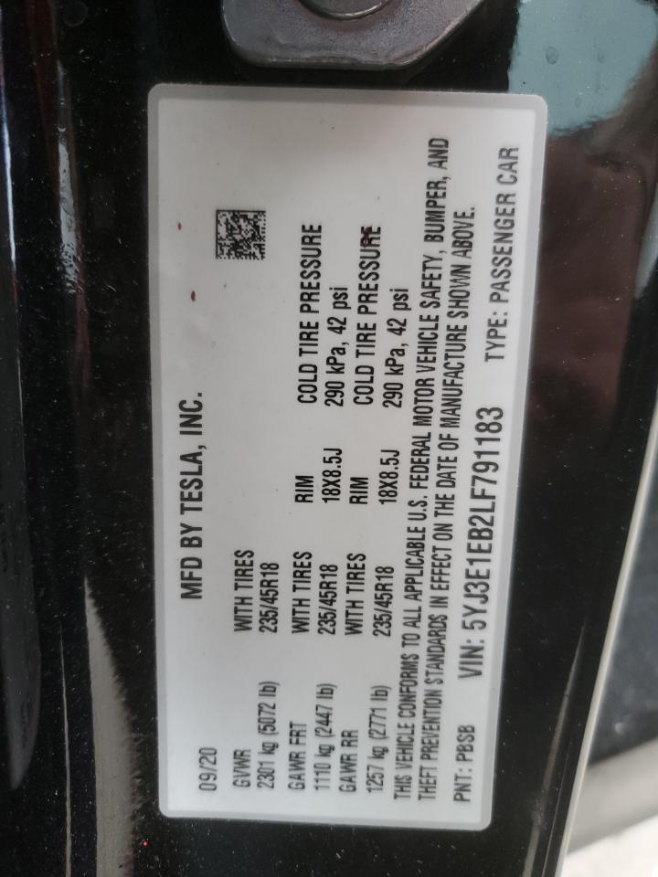2020 Tesla Model 3 VIN: 5YJ3E1EB2LF791183 Lot: 69381915