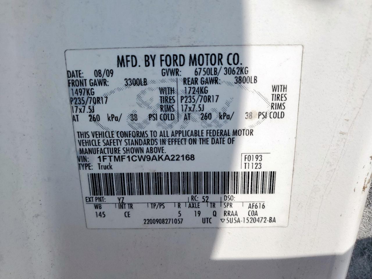 2010 Ford F150 VIN: 1FTMF1CW9AKA22168 Lot: 69901535