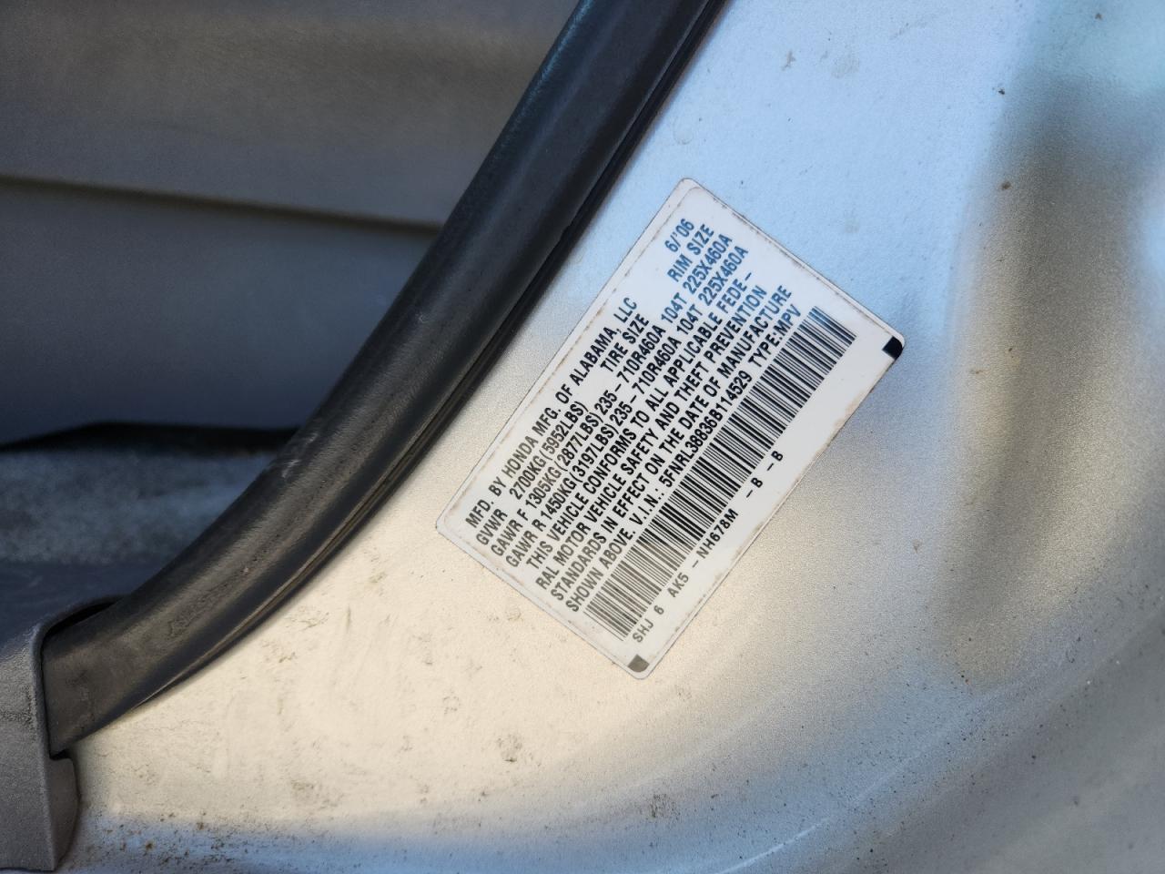 2006 Honda Odyssey Touring VIN: 5FNRL38836B114529 Lot: 69304805