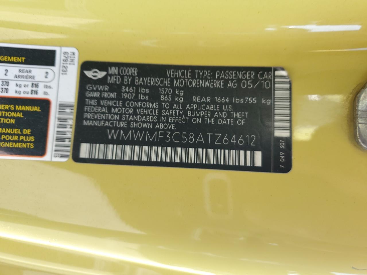 2010 Mini Cooper VIN: WMWMF3C58ATZ64612 Lot: 68123265