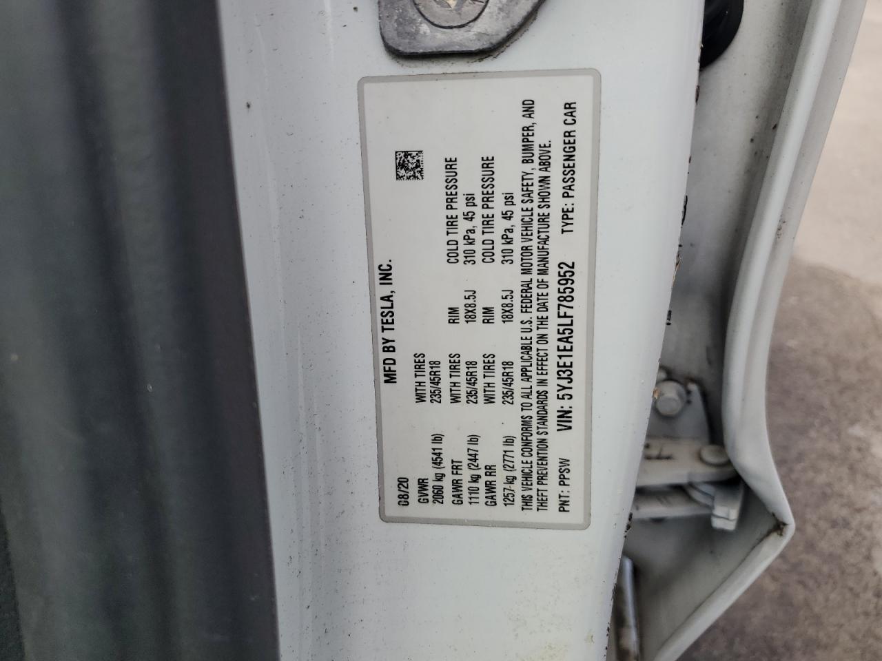 2020 Tesla Model 3 VIN: 5YJ3E1EA5LF785952 Lot: 70324445