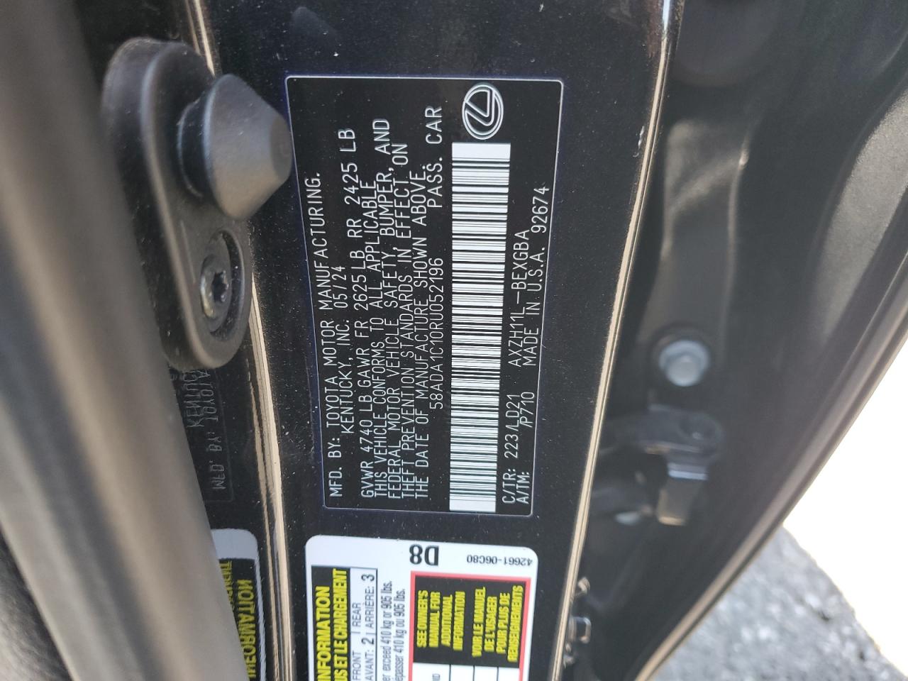 2024 Lexus Es 300H Base VIN: 58ADA1C10RU052196 Lot: 70337345