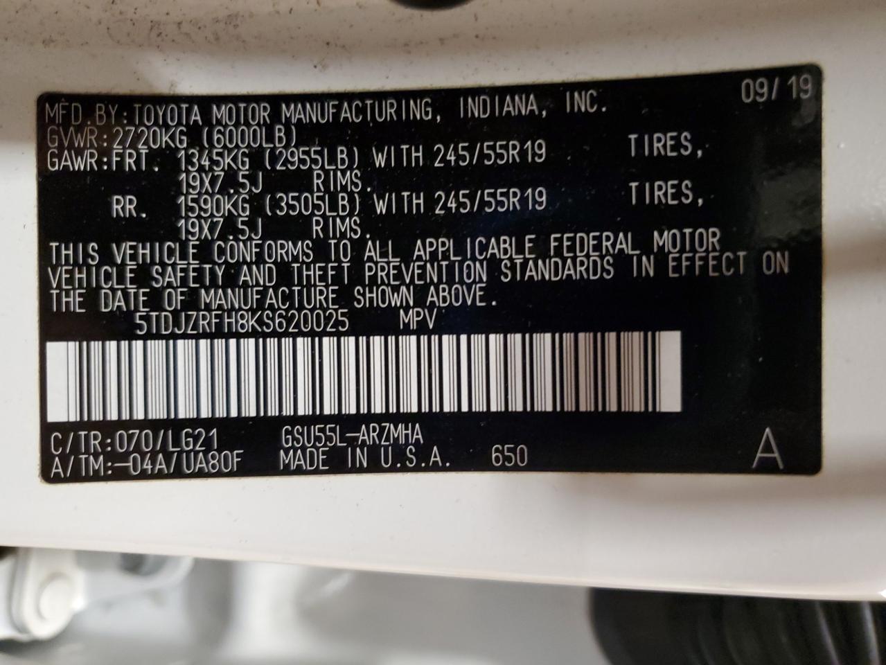 2019 Toyota Highlander Se VIN: 5TDJZRFH8KS620025 Lot: 69868835