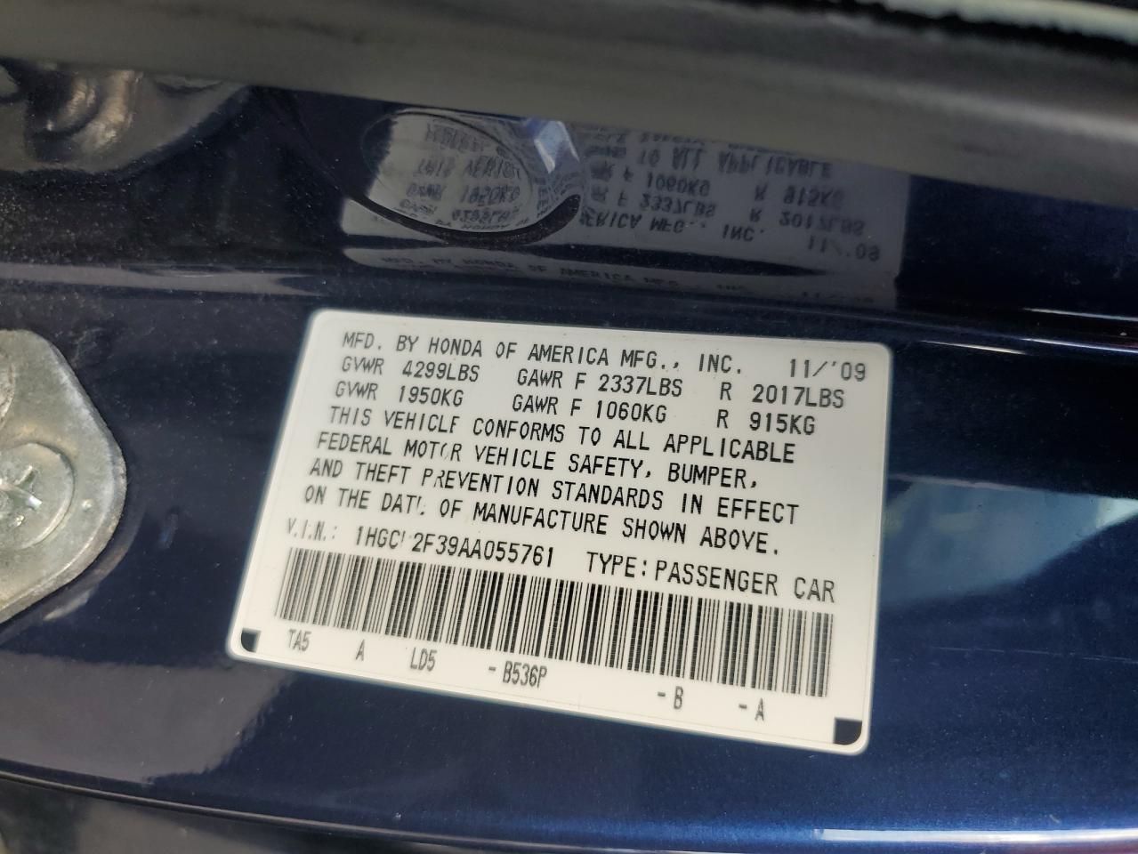 2010 Honda Accord Lx VIN: 1HGCP2F39AA055761 Lot: 70960395