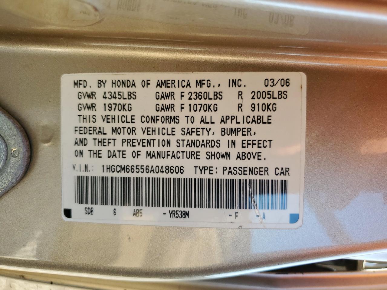 2006 Honda Accord Ex VIN: 1HGCM66556A048606 Lot: 68499245