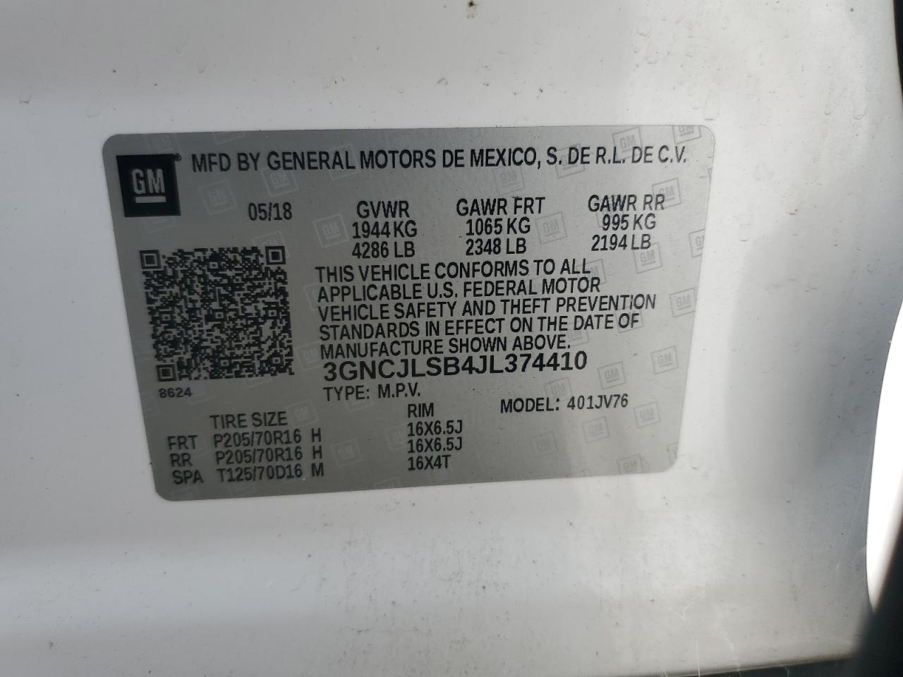 2018 Chevrolet Trax 1Lt VIN: 3GNCJLSB4JL374410 Lot: 67382265