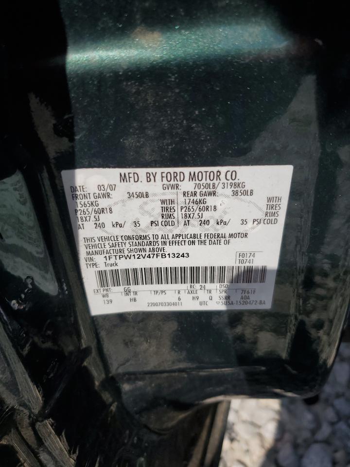 2007 Ford F150 Supercrew VIN: 1FTPW12V47FB13243 Lot: 70561455