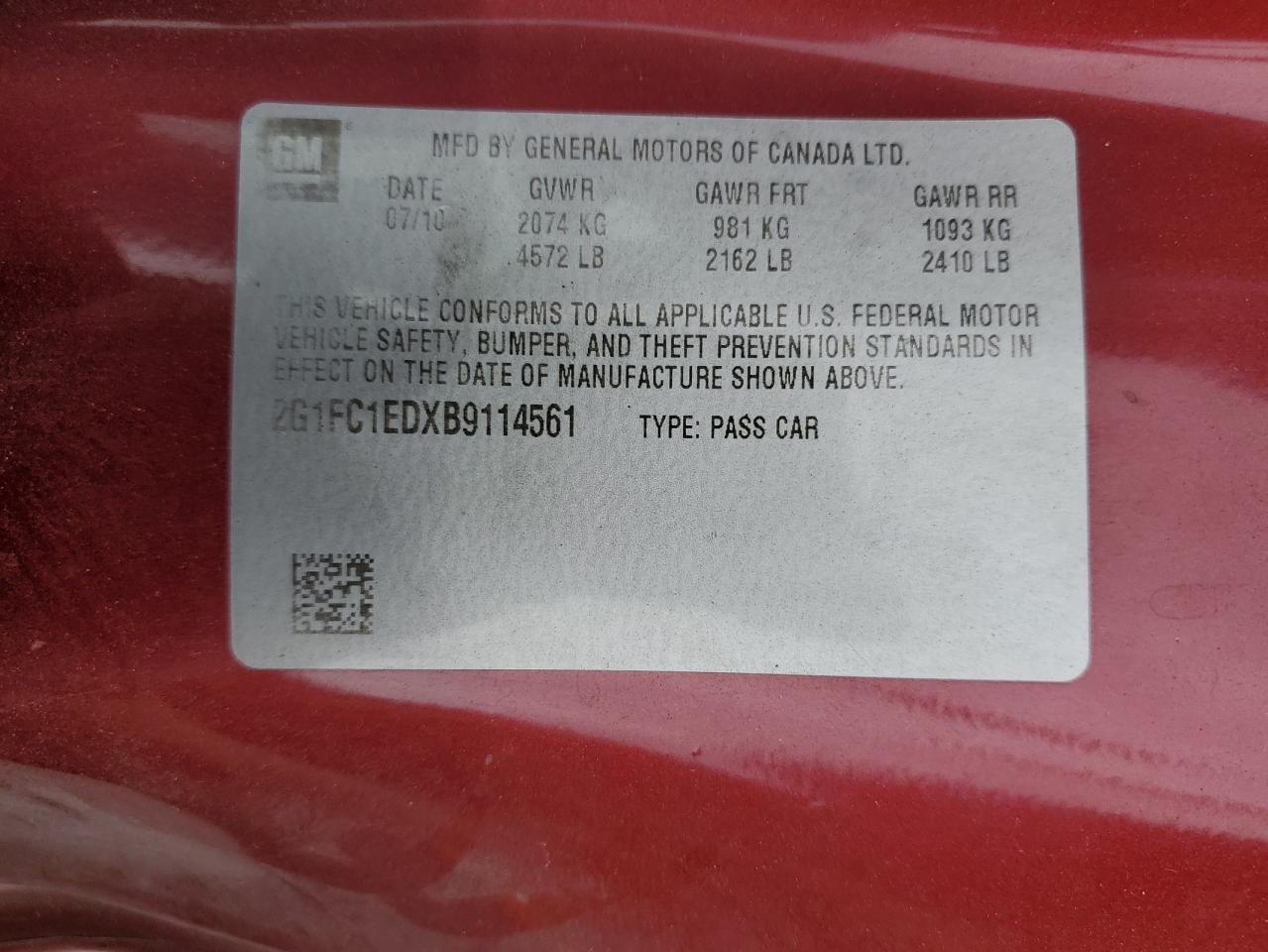 2011 Chevrolet Camaro Lt VIN: 2G1FC1EDXB9114561 Lot: 70658245