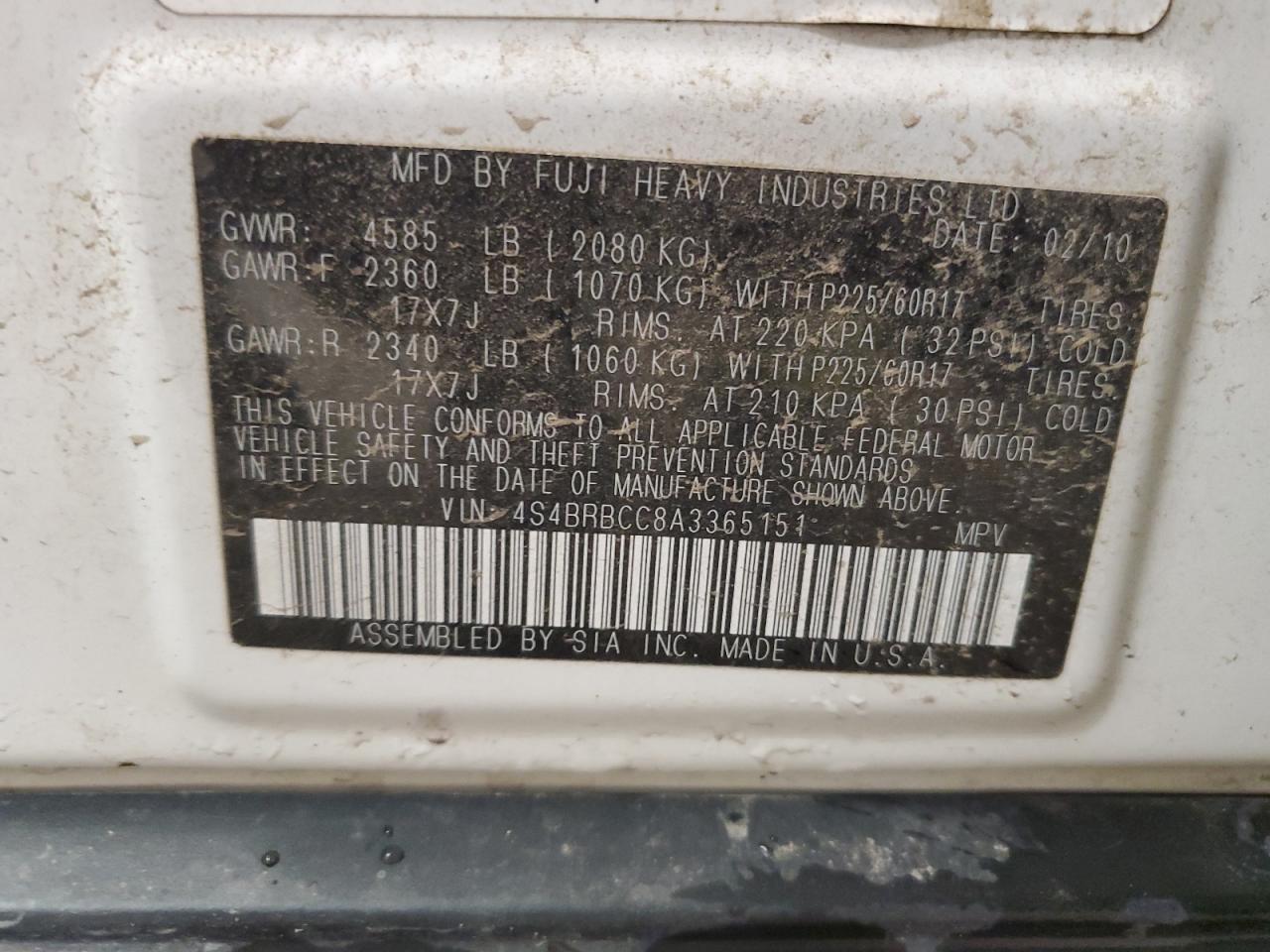 2010 Subaru Outback 2.5I Premium VIN: 4S4BRBCC8A3365151 Lot: 69929595