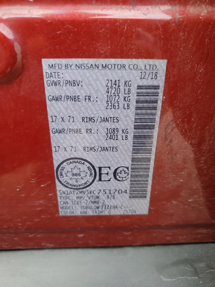 5N1AT2MV5KC751704 2019 Nissan Rogue S