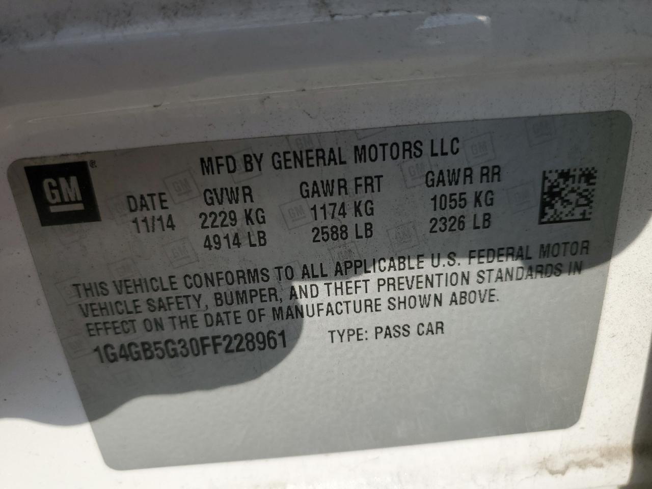 2015 Buick Lacrosse VIN: 1G4GB5G30FF228961 Lot: 69641515