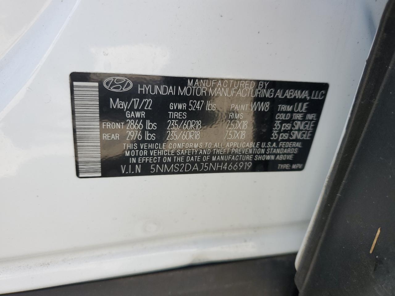 2022 Hyundai Santa Fe Sel VIN: 5NMS2DAJ5NH466919 Lot: 69134005